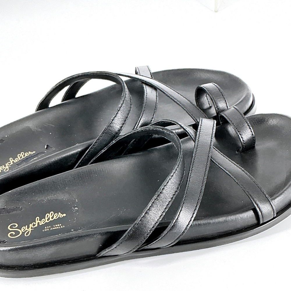 Seychelles Size 8 Black Leather Strappy Toe Loop Slide Sandals Rule the World - Picture 15 of 15